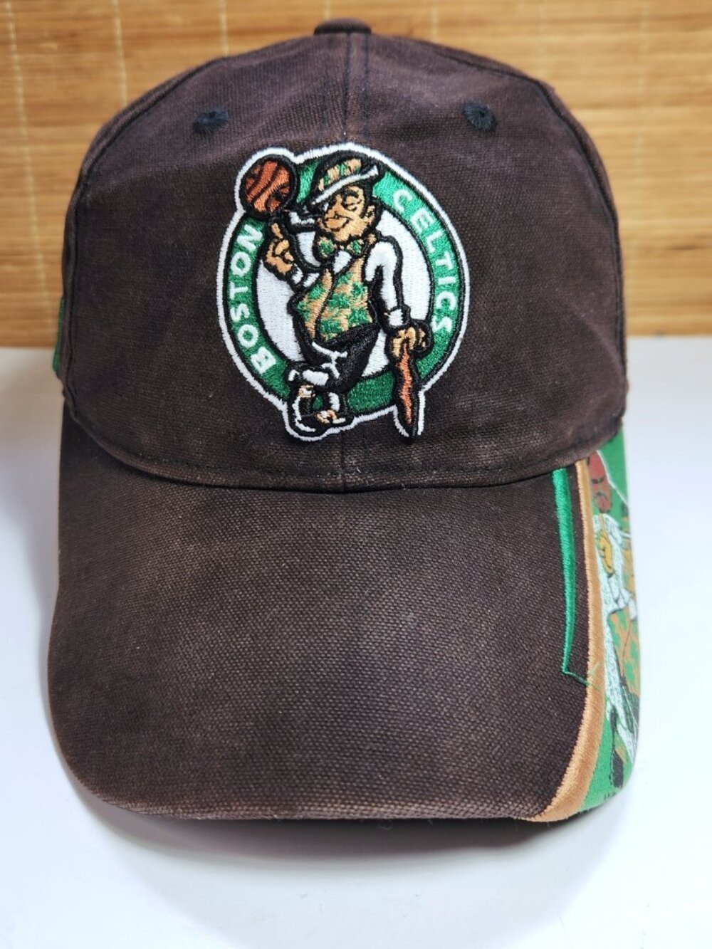 Vintage Boston Celtics Strapback Hat NBA Cap Graphic Printed Brim